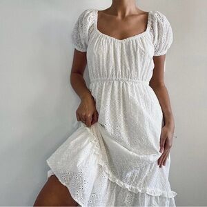 Lulu's White Puff Sleeve Cross Back Midi Dress